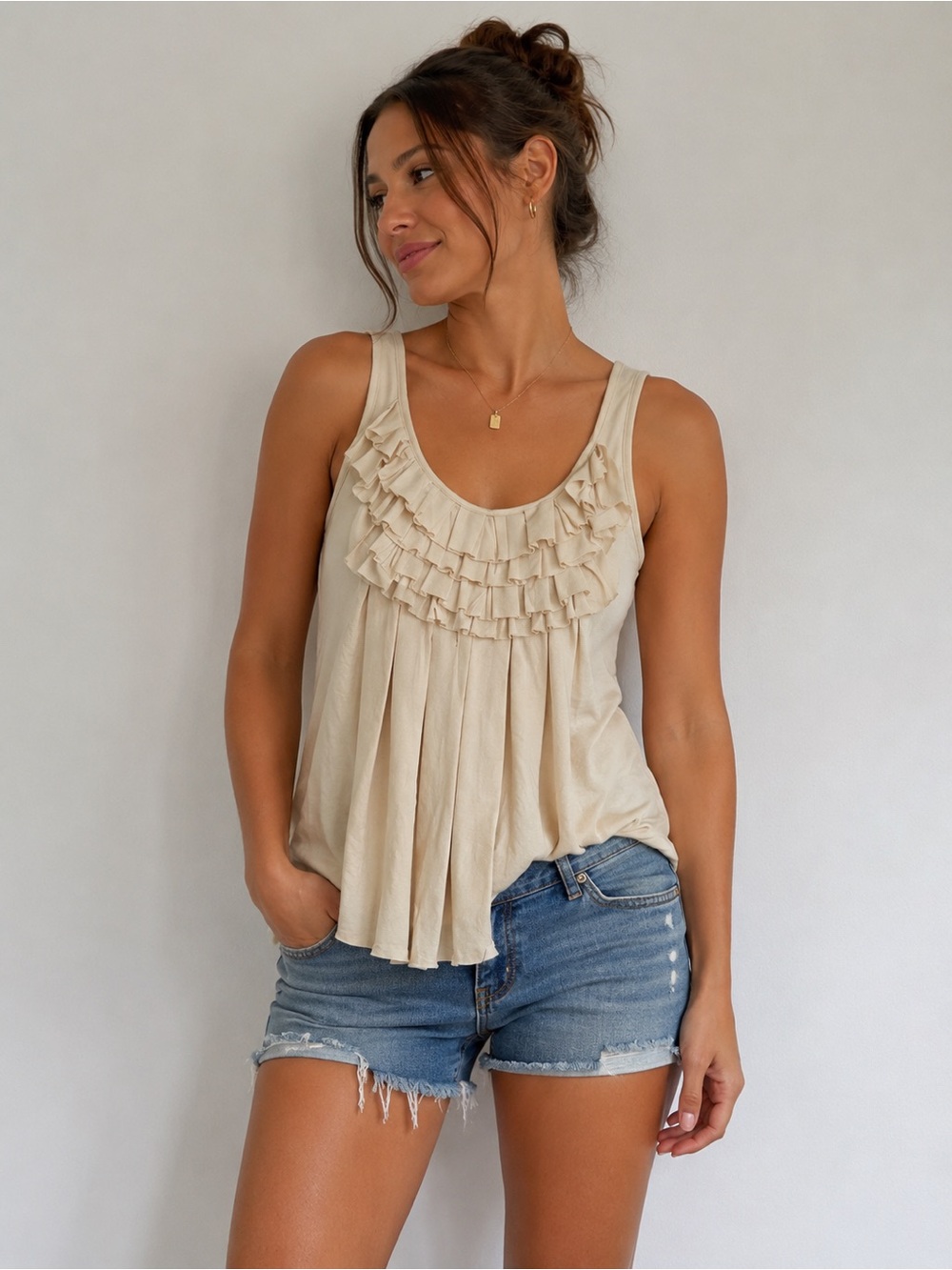 Moda International Cream Ruffle Tank Top Medium Pleated Boho Feminine